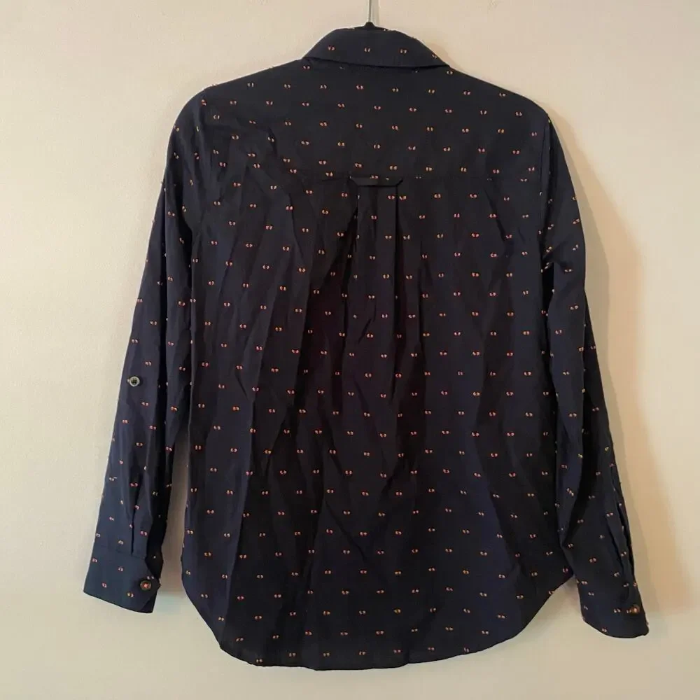 Maeve Anthropologie Navy Blue Polka Dot Button Down Shirt Preppy Women's size 4 - Picture 6 of 12